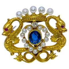 Victorian Sapphire, Diamond, Ruby and Pearl Yellow Gold Dragon Crown Brooch