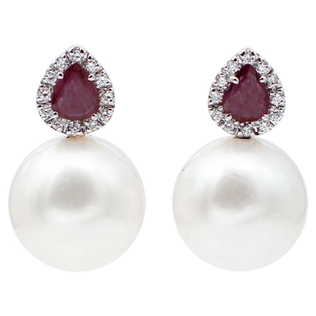 South-Sea Pearls, Rubies, Diamonds, 14 Karat White Gold Stud Earrings