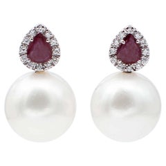 South-Sea Pearls, Rubies, Diamonds, 14 Karat White Gold Stud Earrings