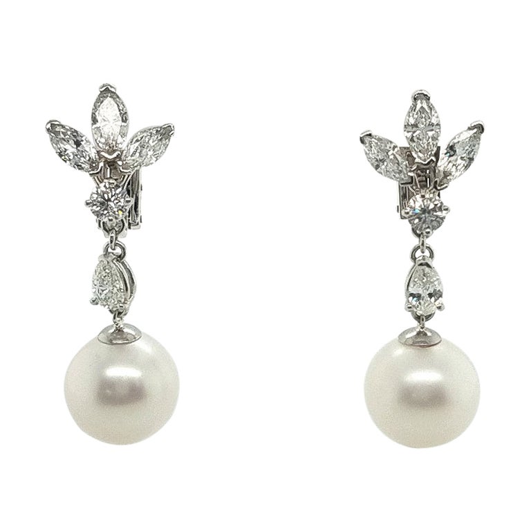 Marquise Diamonds and South Sea Pearls Dangle Drop Platinum Earrings For Sale