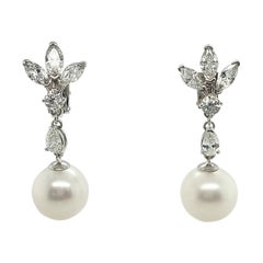Marquise Diamonds and South Sea Pearls Dangle Drop Platinum Earrings