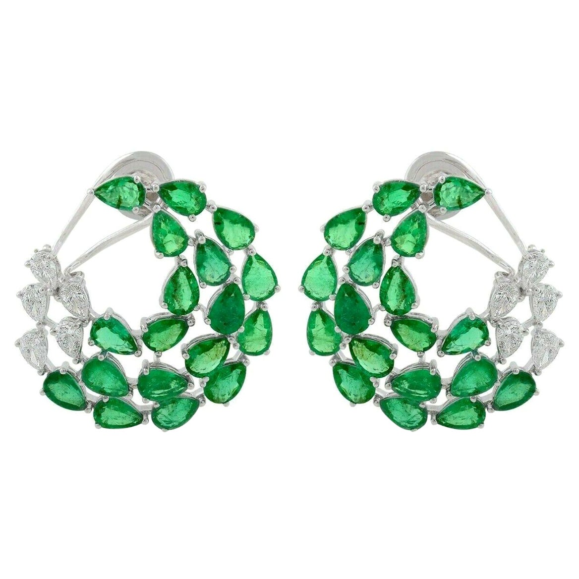 11.62 Carats Zambian Emerald Diamond 14 Karat White Gold Earrings For Sale