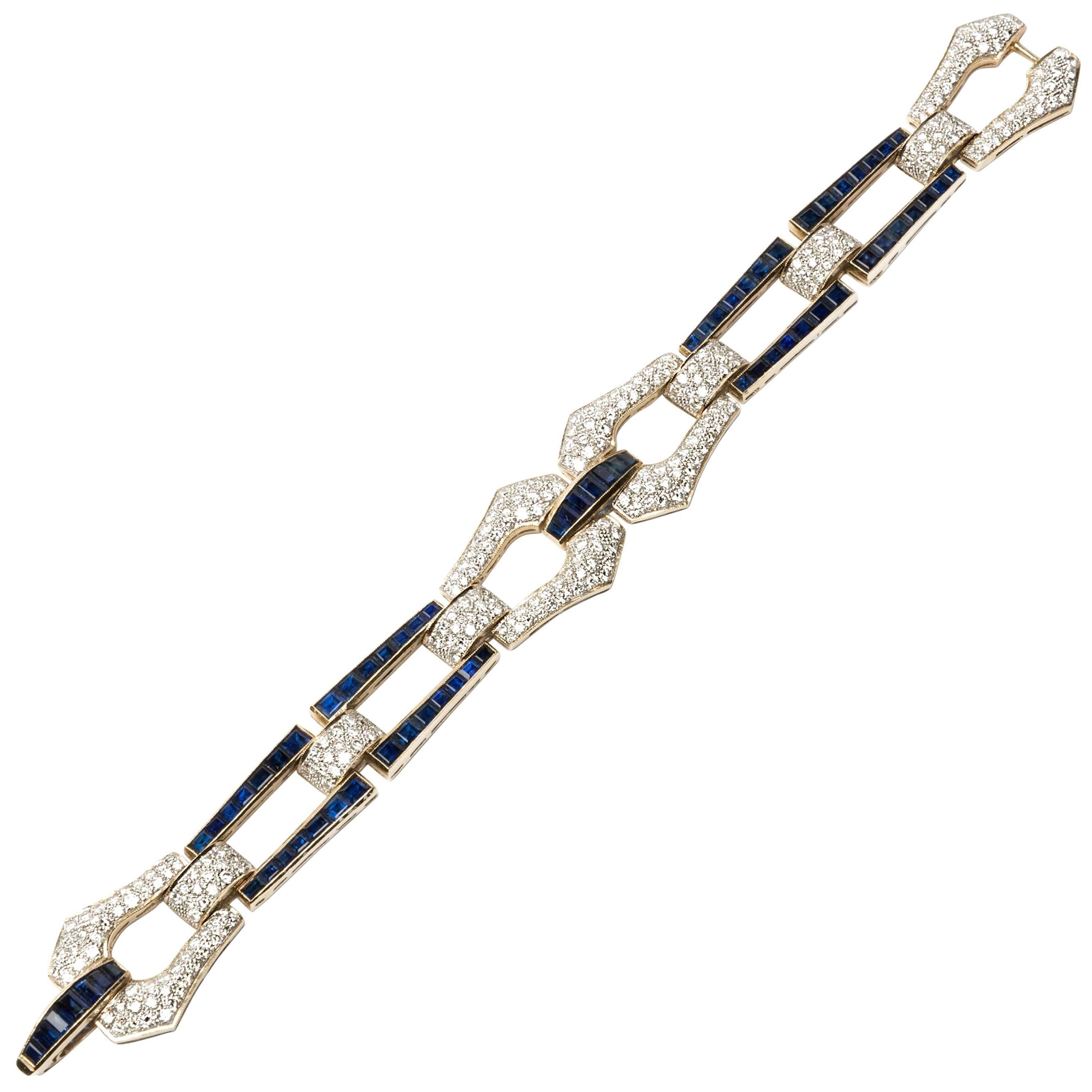 Art Deco Style Sapphire Diamond Gold Bracelet For Sale