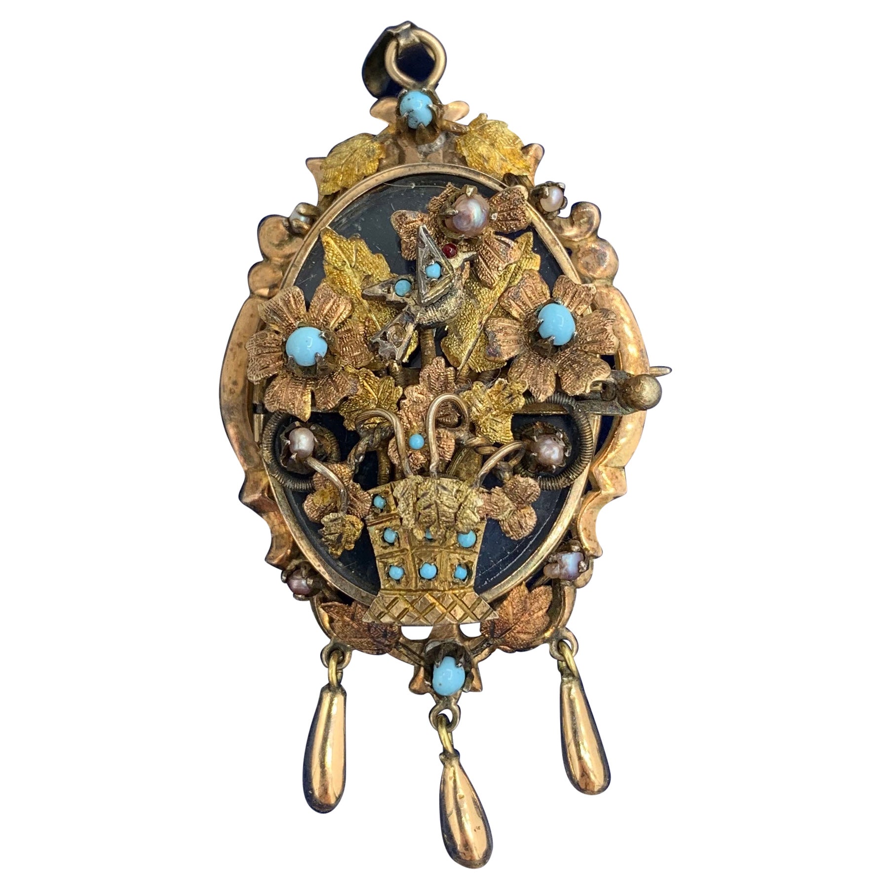 Victorian Turquoise Bird Flower Locket Pendant Necklace Pearl 14 Karat Gold