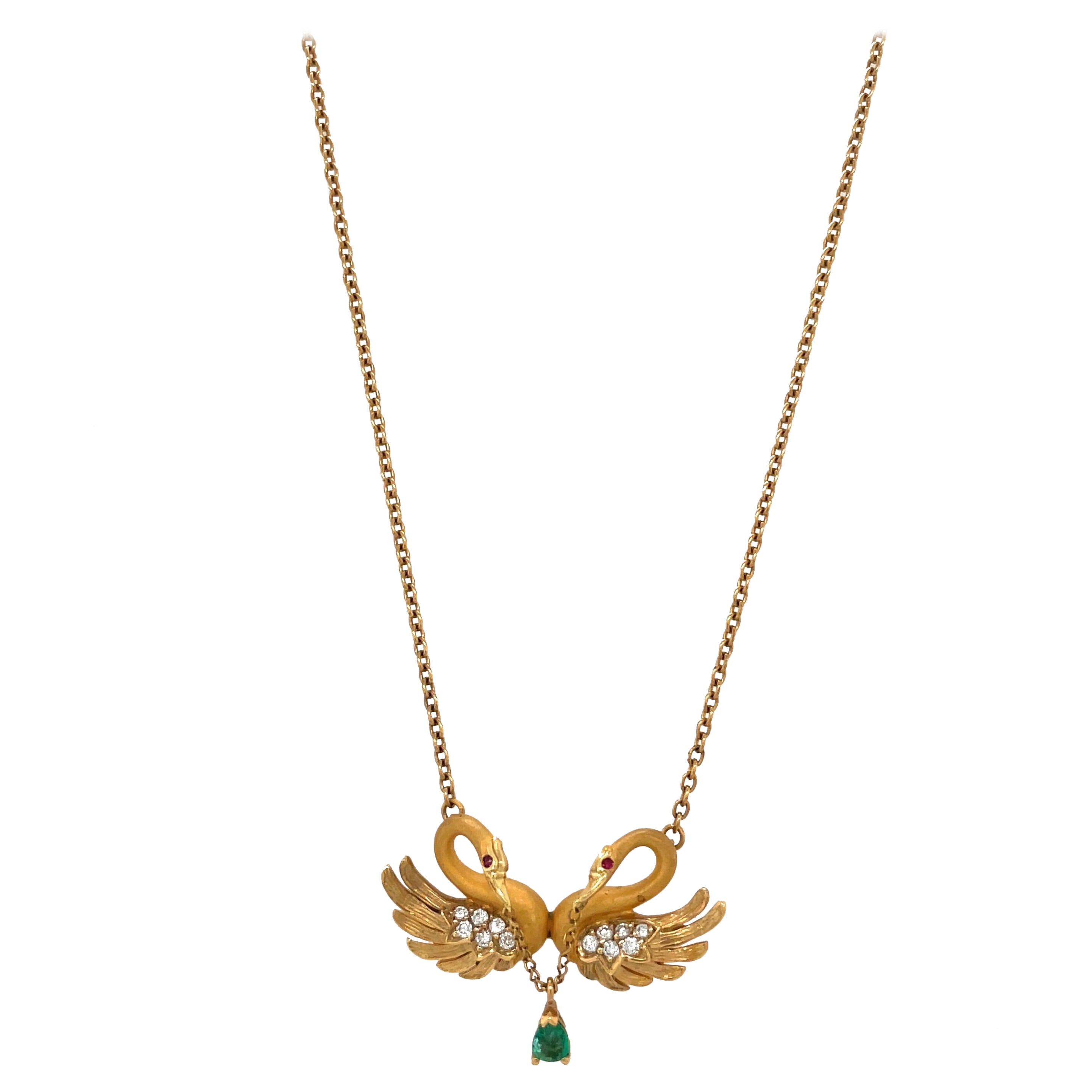 Carrera Y Carrera 18KT Yellow Gold Twin Swan Pendant with Diamonds & Emerald For Sale