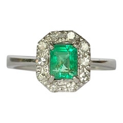 Vintage 9 Carat White Gold Emerald and Diamond Panel Cluster Ring