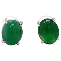 Oval 2.10 Carat Green Apple Jade Cabochon Stud Earrings in Platinum