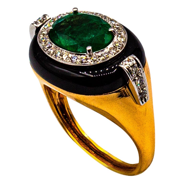 Art Deco Style Oval Cut Emerald White Diamond Onyx Yellow Gold Cocktail Ring For Sale
