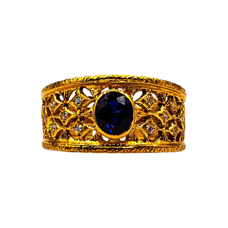 Art Deco Style White Brilliant Cut Diamond Blue Sapphire Yellow Gold Band Ring For Sale