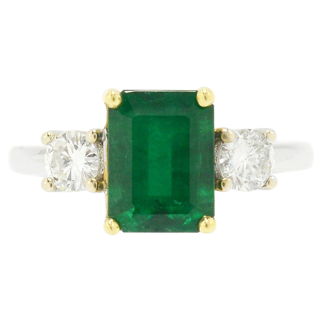 Vintage 2.17 Carat Emerald Diamond Engagement Ring 3 Stone Trilogy Anniversary