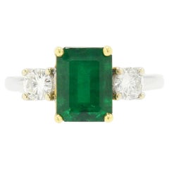 Vintage 2.17 Carat Emerald Diamond Engagement Ring 3 Stone Trilogy Anniversary
