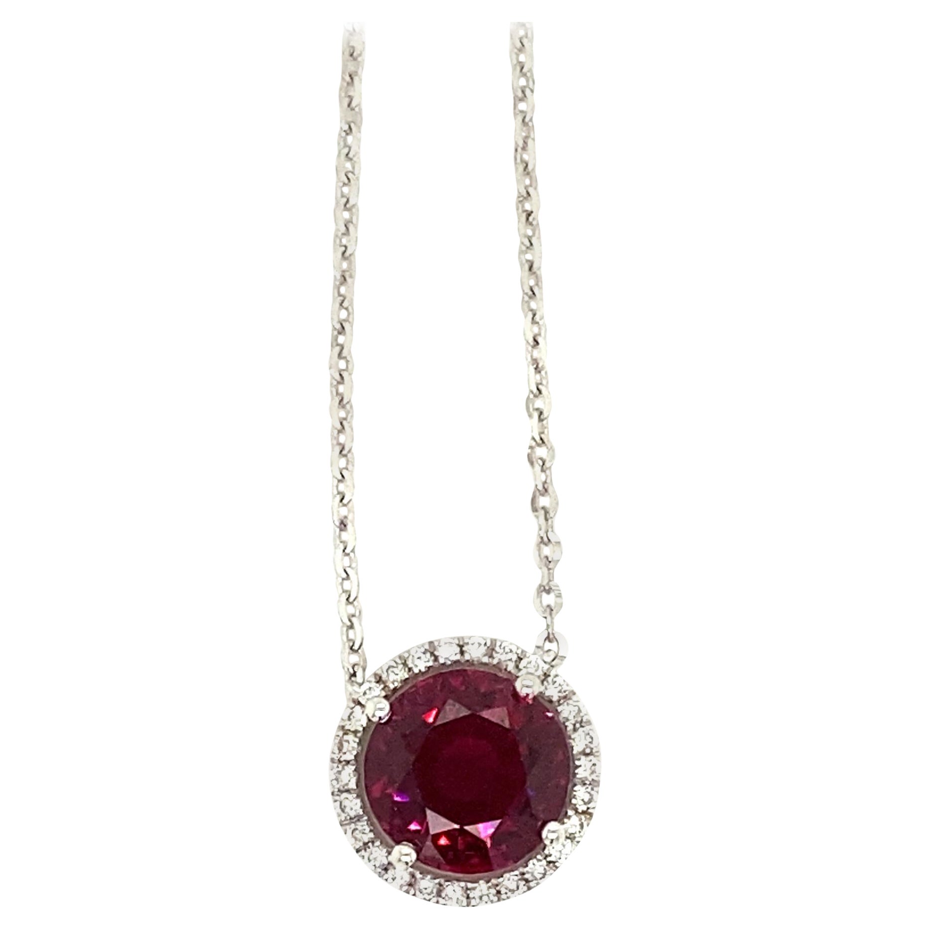 4.14 Carat Round-Cut Vivid Pink-Purple Garnet and White Diamond Pendant Necklace For Sale