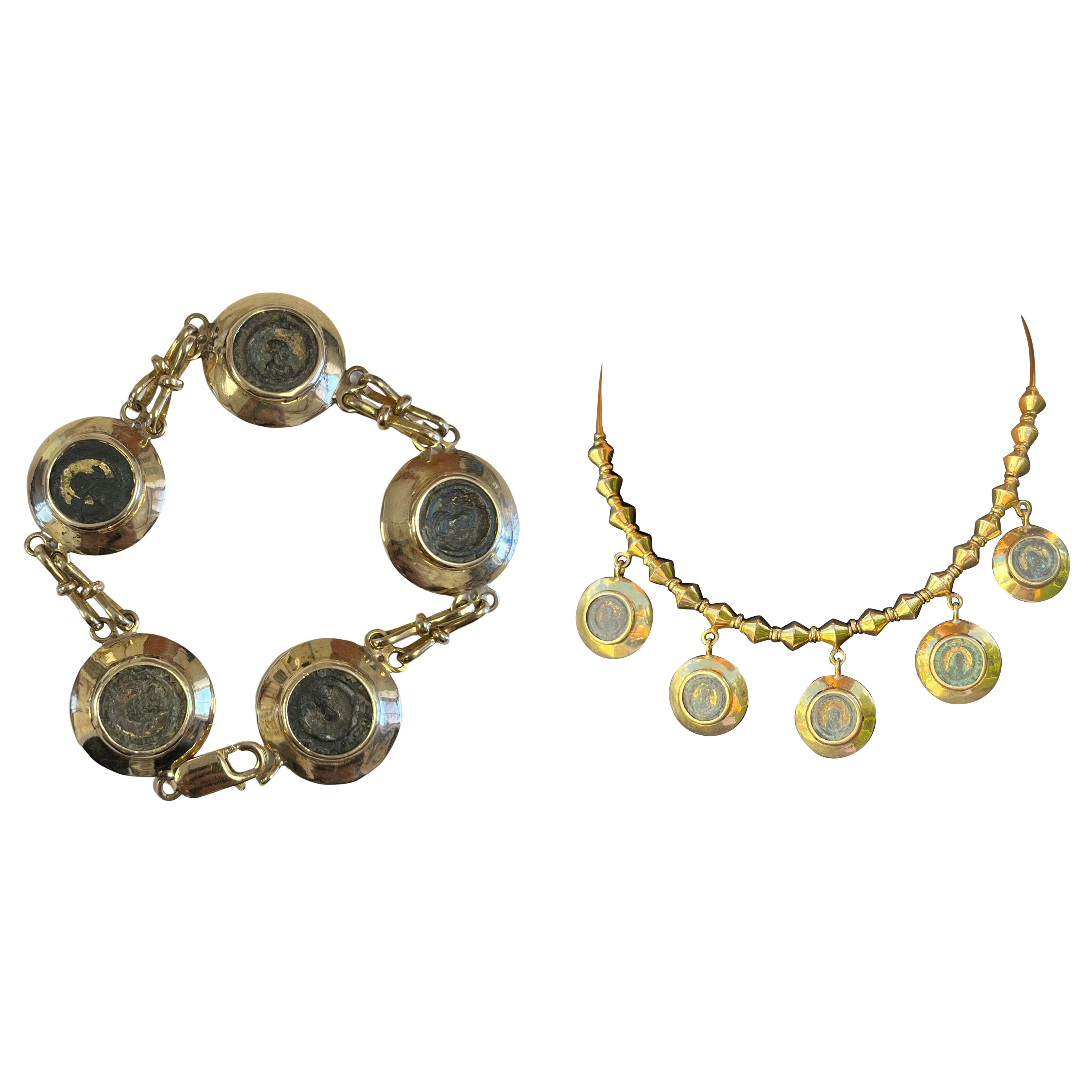 Ancient Axum Gilt Coin Necklace and Bracelet Set in 18k Yellow Gold