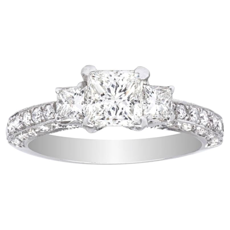 Princess Three Stone Diamond Engagement Ring 14K White Gold 2.40 CTW For Sale