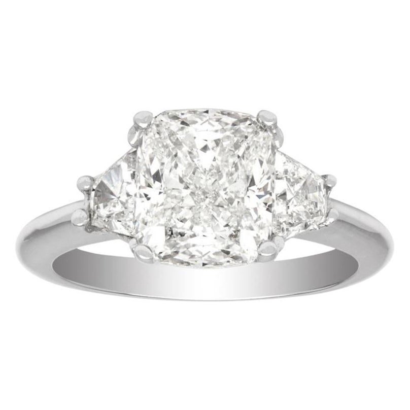 Cushion Three Stone Diamond Ring in 14k WG 3.78 CTW For Sale