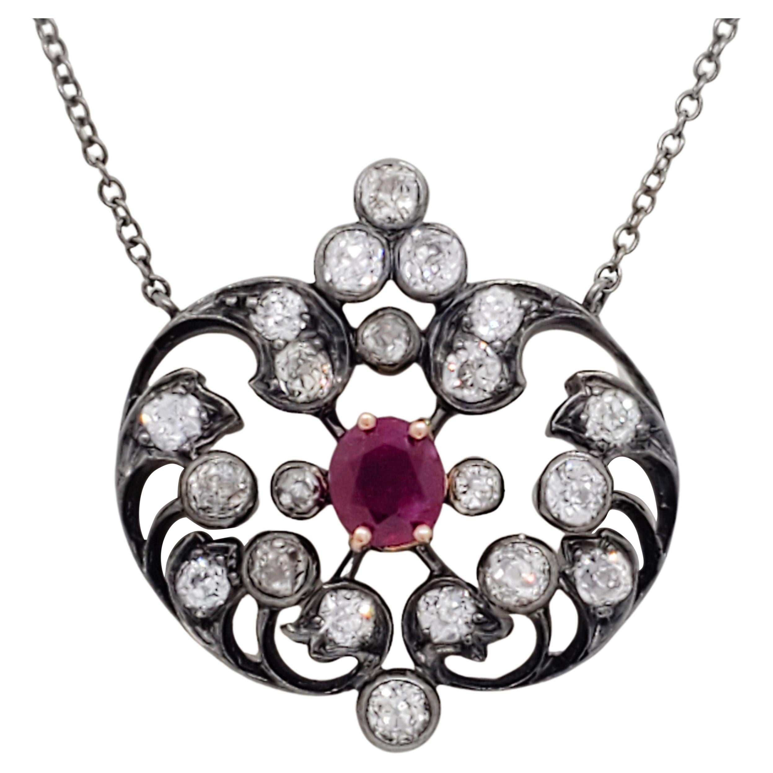 Victorian Era Burma Ruby and Diamond Necklace in 18k Gold