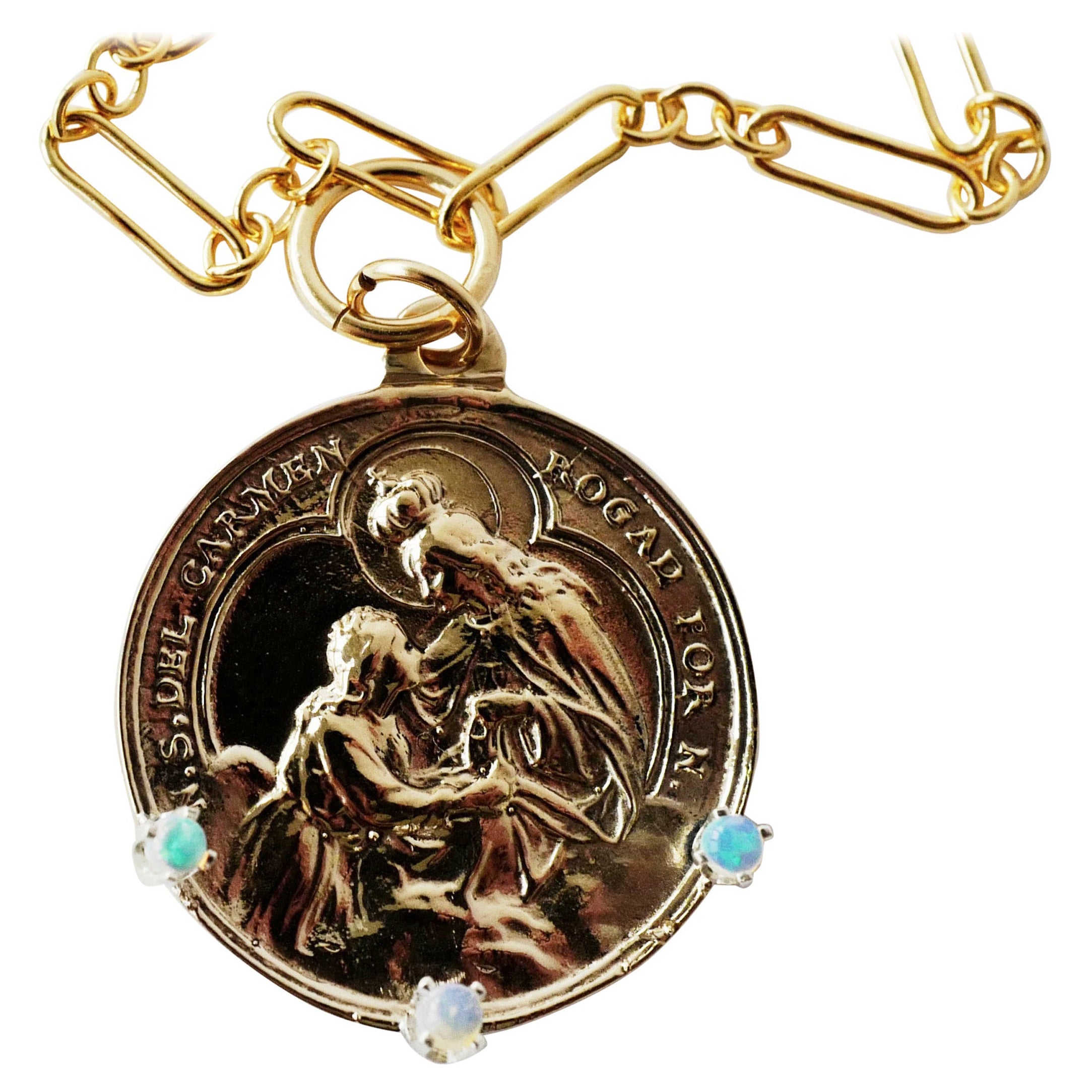 Medal Long Chain Necklace Saint Virgin Mary Opal Pendant J Dauphin For Sale