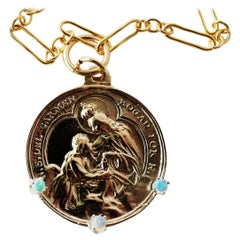 Medal Long Chain Necklace Saint Virgin Mary Opal Pendant J Dauphin