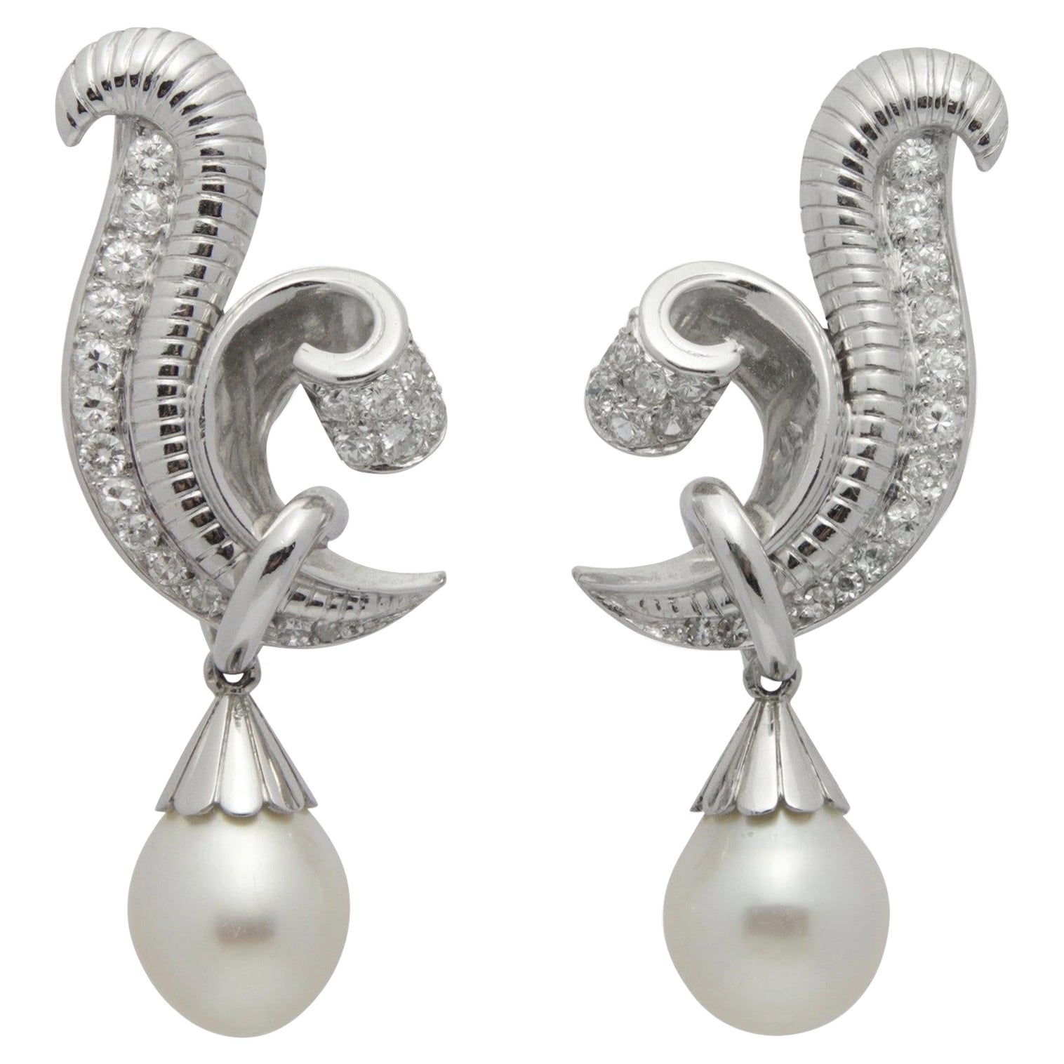 French Retro Period Platinum, Pearl, and Diamond Drop Earrings