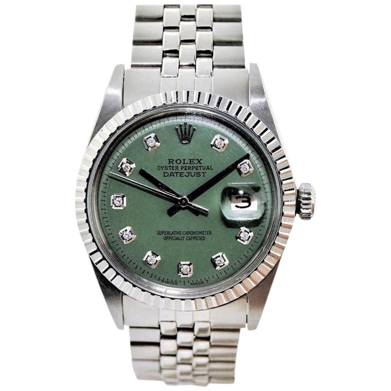Rolex Montre Datejust en acier inoxydable avec cadran personnalisé en diamants verts, années 1970