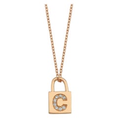 Diamond C Initial Mini Lock Charm Necklace 14K Rose Gold