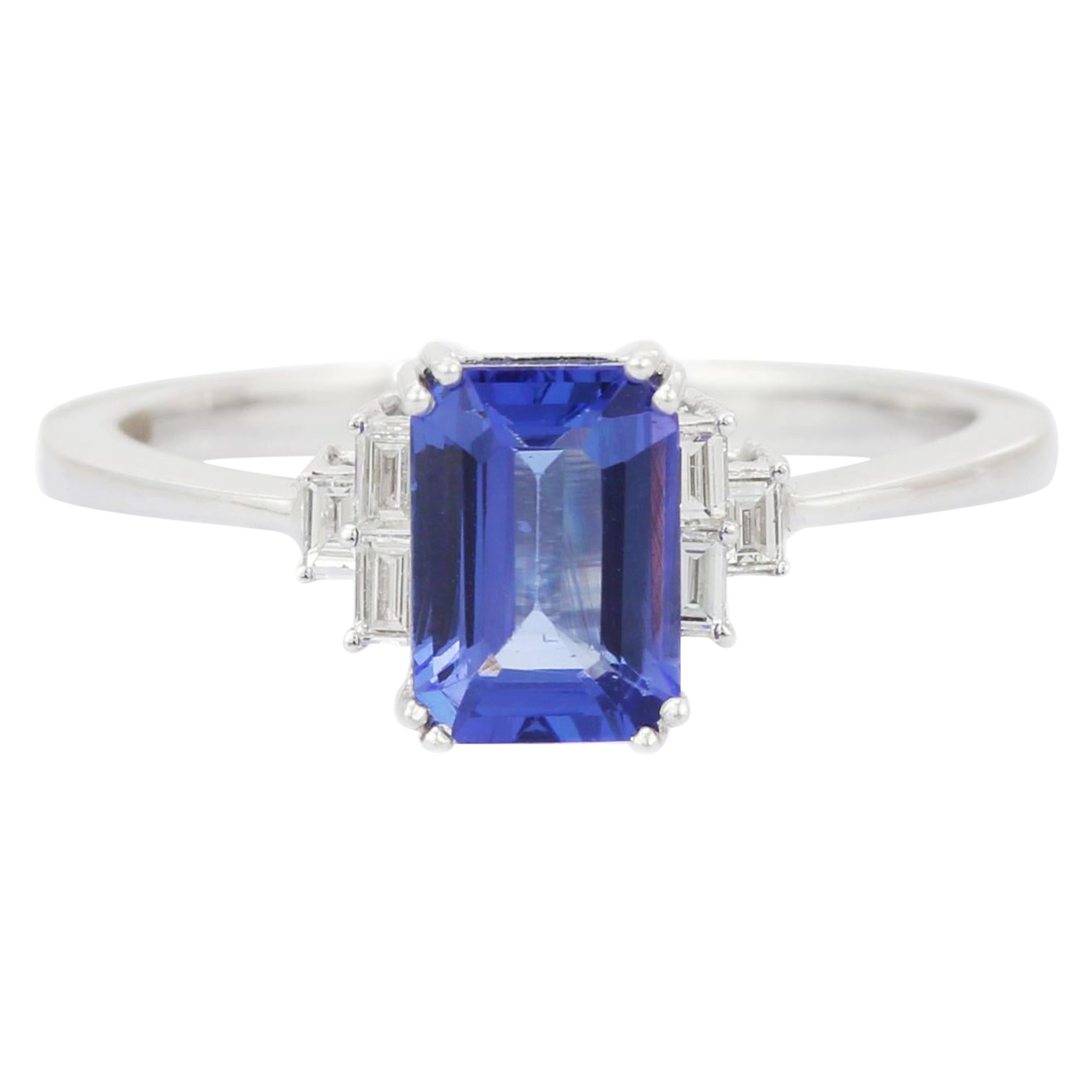 Octagon Shape Tanzanite Ring with Diamonds in 18K White Gold