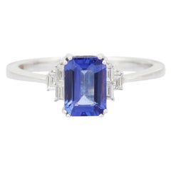 Octagon Shape Tanzanite Ring with Diamonds in 18K White Gold