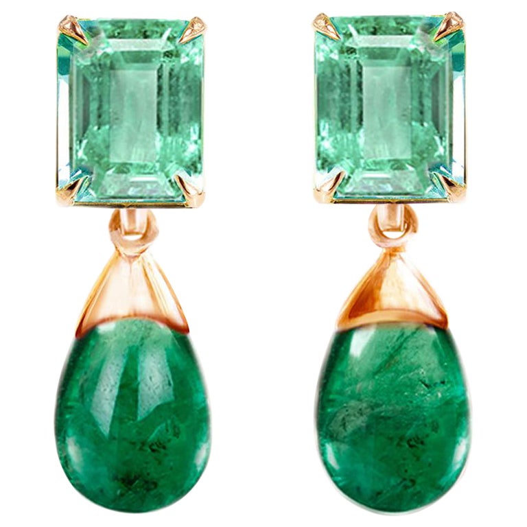 Eighteen Karat Rose Gold Contemporary Stud Earrings with Green Emeralds