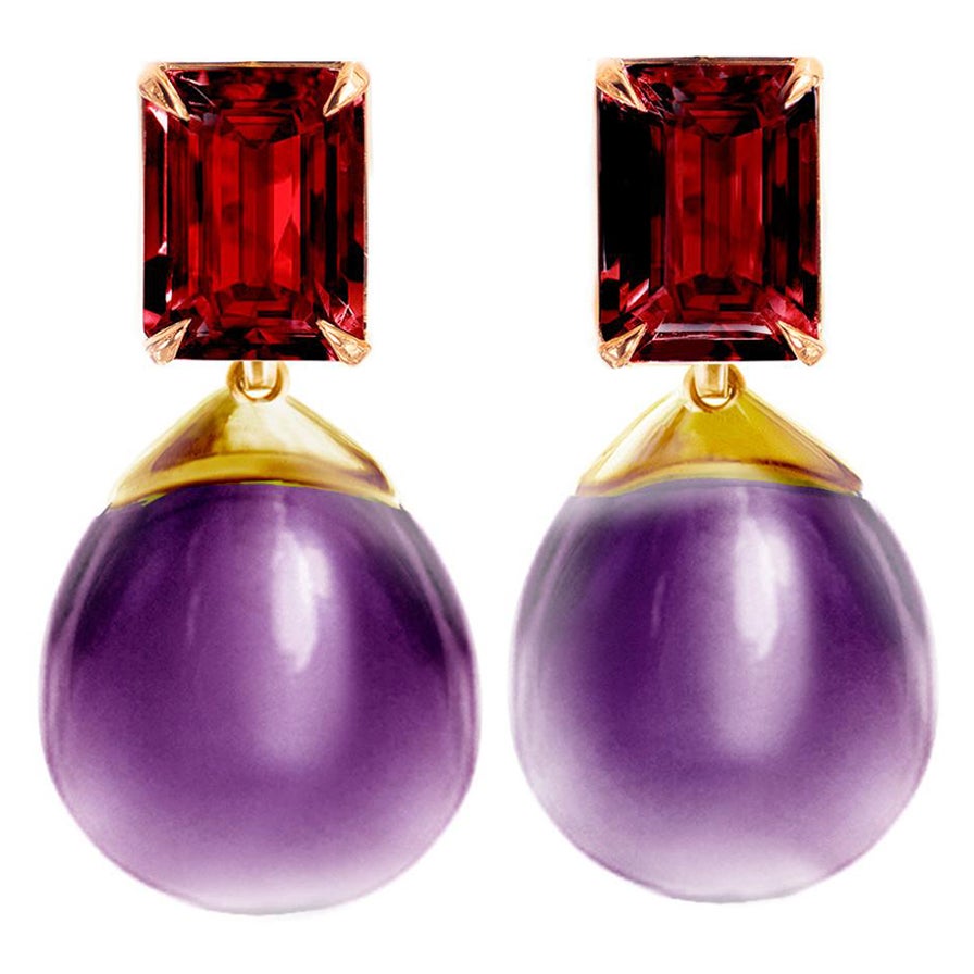 Eighteen Karat Yellow Gold Transformer Stud Earrings with Rubies and Amethysts For Sale