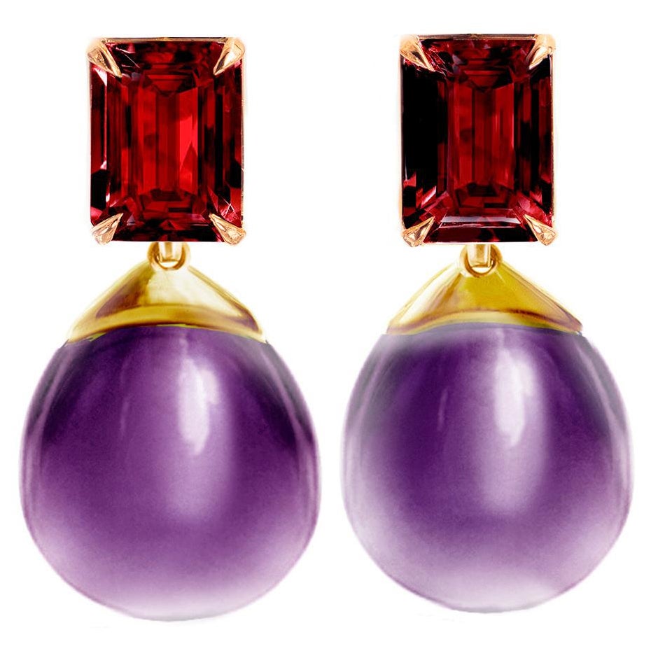 18 Karat Yellow Gold Transformer Clip-on Earrings with Rubies and Amethysts For Sale