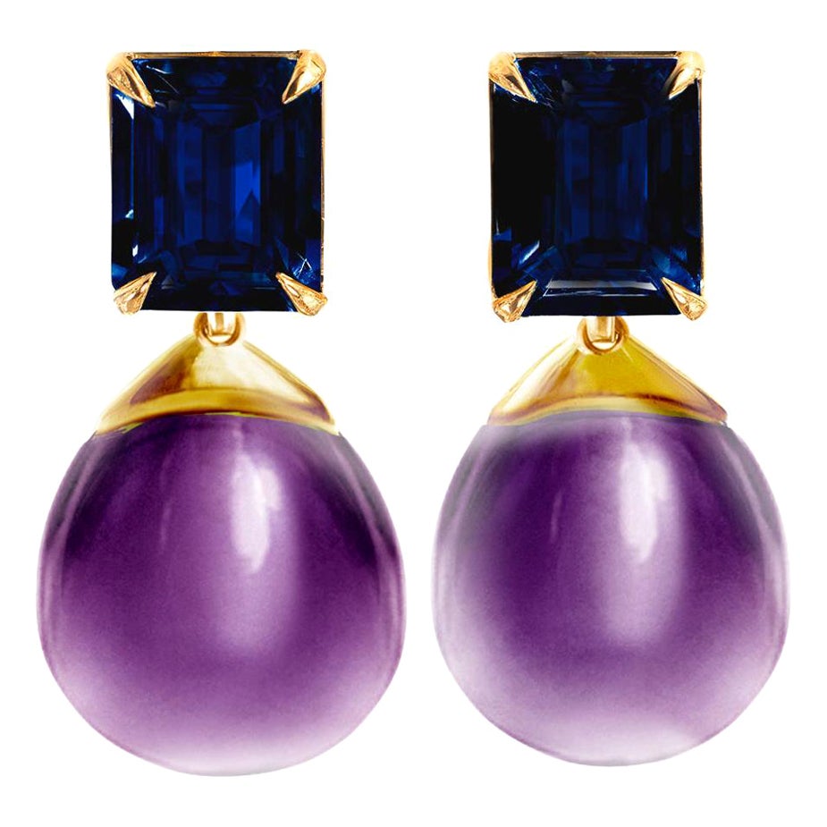 18 Karat Yellow Gold Transformer Clip-On Earrings with Sapphires and Amethysts For Sale