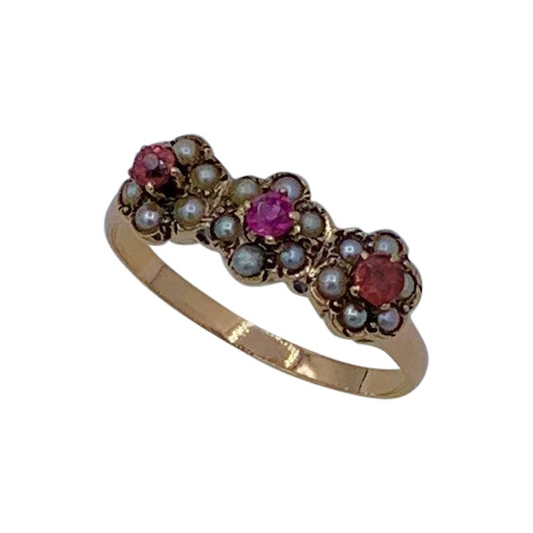 Victorian Ruby Pearl Flower Ring Gold Antique  For Sale