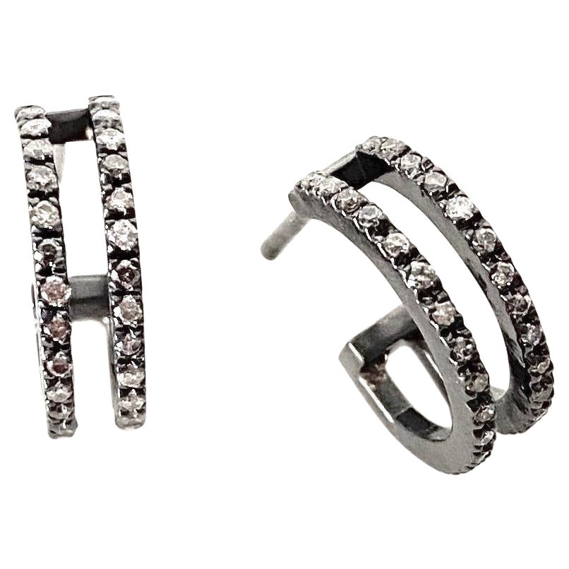 0, 60 Karats Grey Diamond Burnished Silver Design Contemporary Hoop Earrings
