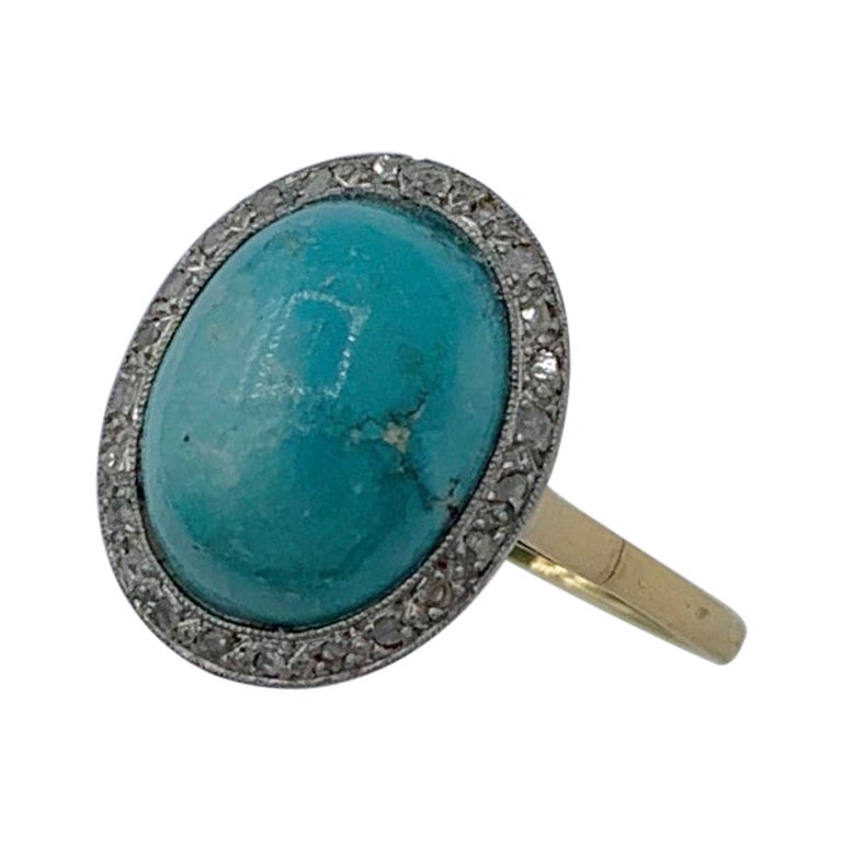 Victorian Persian Turquoise Ring Rose Cut Diamonds 18 Karat Gold Antique