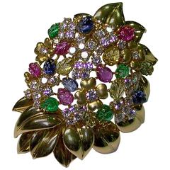 Emerald Sapphire Ruby Diamond Gold Brooch