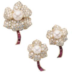 Pearl Ruby Diamond Gold Brooch and Earrings