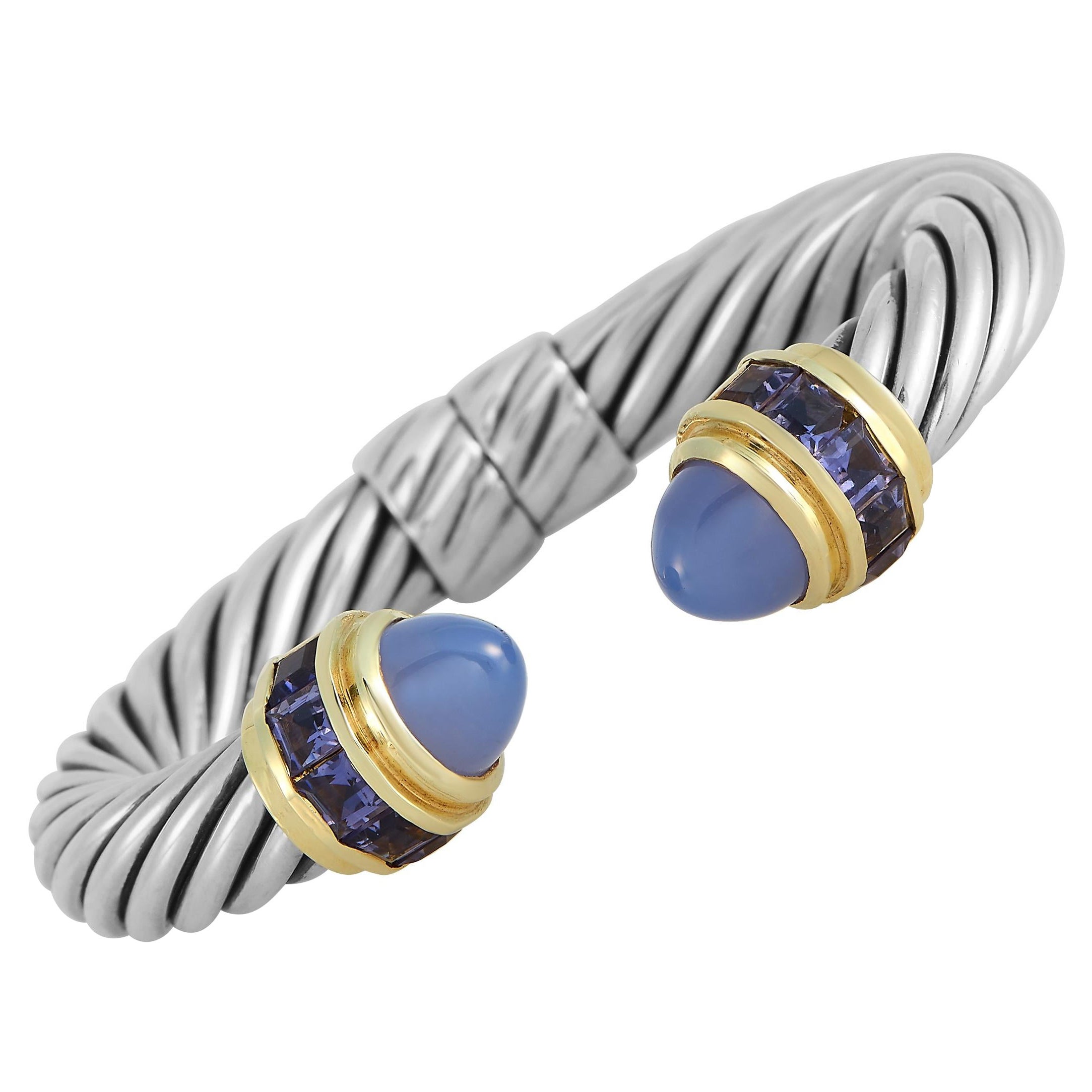 David Yurman 14K Yellow Gold and Silver Iolite and Chalcedony Cable Bracelet