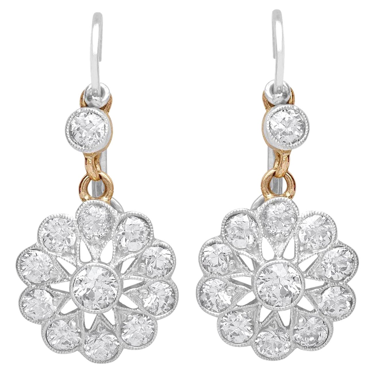 Antique 2.46Ct Diamond and 15k Yellow Gold Cluster Earrings, Circa 1920 For Sale