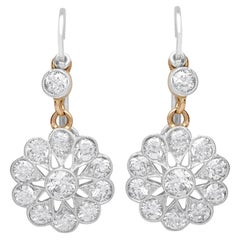 Antique 2.46Ct Diamond and 15k Yellow Gold Cluster Earrings, Circa 1920