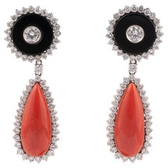 Pair of Coral Diamond and Onyx Pendent Earrings