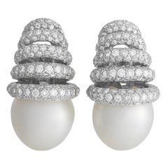 LB Exclusive 18K White Gold 6.00 ct Diamond 15 mm Pearl Earrings
