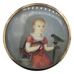 Antique Georgian Child Parrot Bird Portrait Miniature 14 Karat Gold Hand Painted Pendant