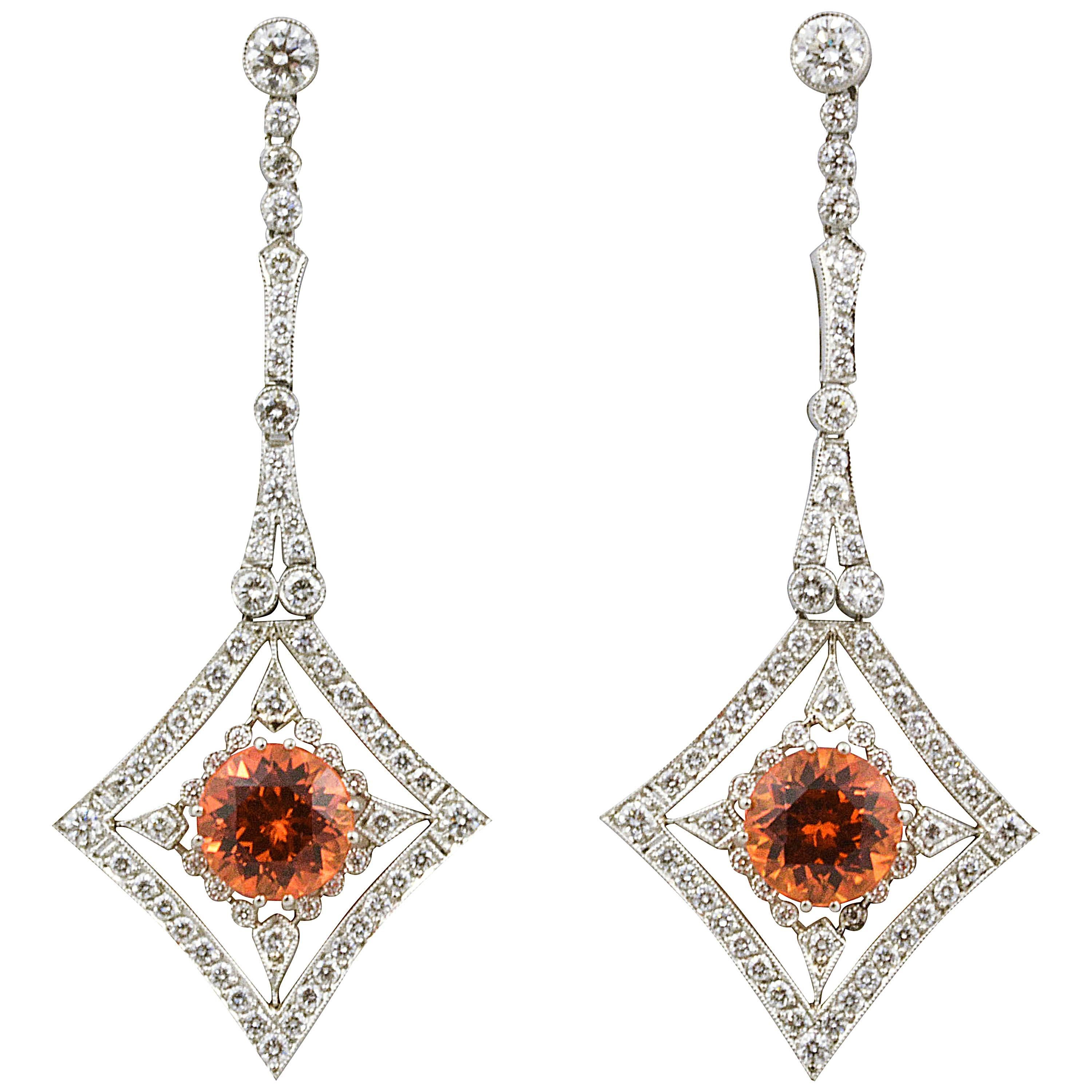 2.72 ct Mandarin Garnet 8.04 ct Diamond Platinum Drop Earrings