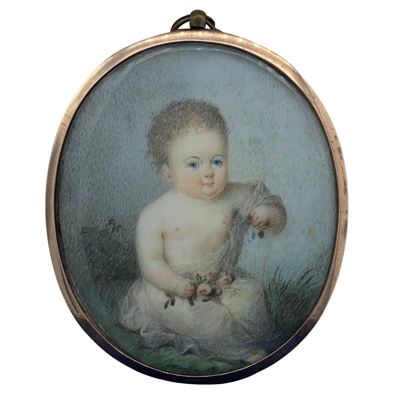 Georgian Child Flower Locket Pendant Gold Portrait Miniature Necklace 
