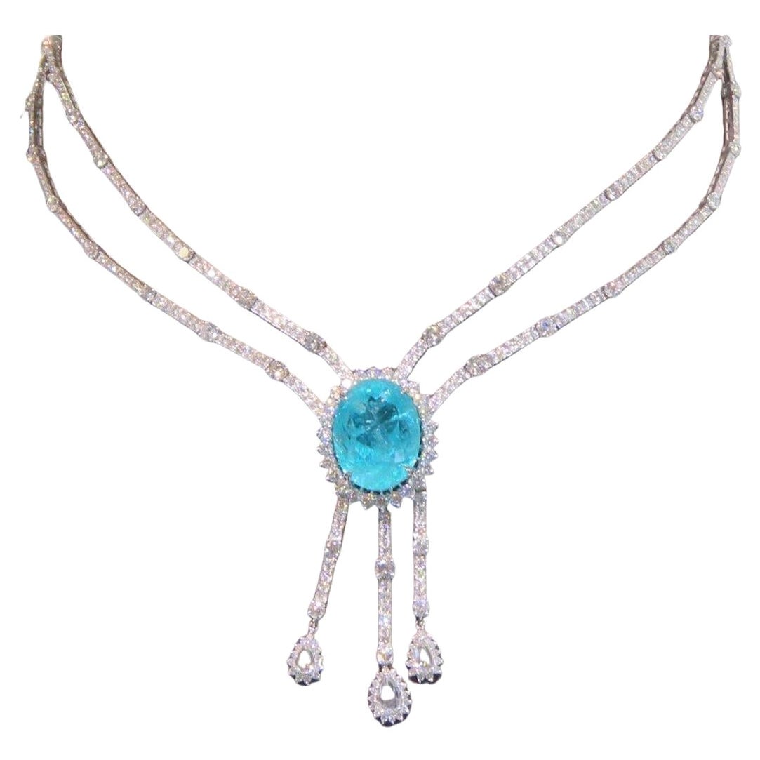 NWT 360, 000 18KT Magnificent Rare Fancy 38CT Paraiba Tourmaline Diamond Necklace For Sale