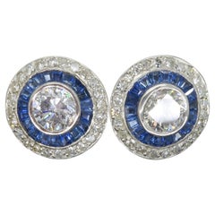 Vintage Diamond & Blue Sapphire Halo Earrings made in Platinum 