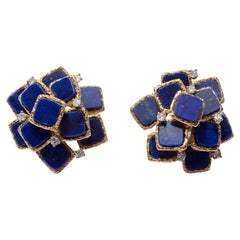 Retro Lapis with Diamonds Gold Earrings