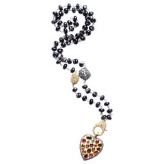 Clarissa Bronfman Black Agate Diamond 14k Gold Tourmaline Heart Pendant Rosary