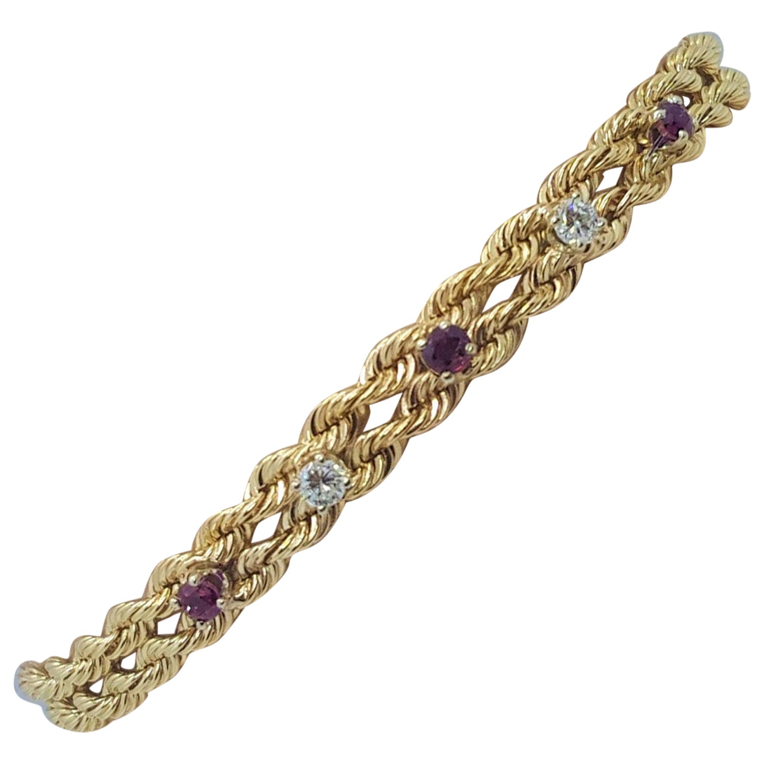 14kt Yellow Gold Double Rope Bracelet Diamonds and Rubies, 14.4 Gr For Sale