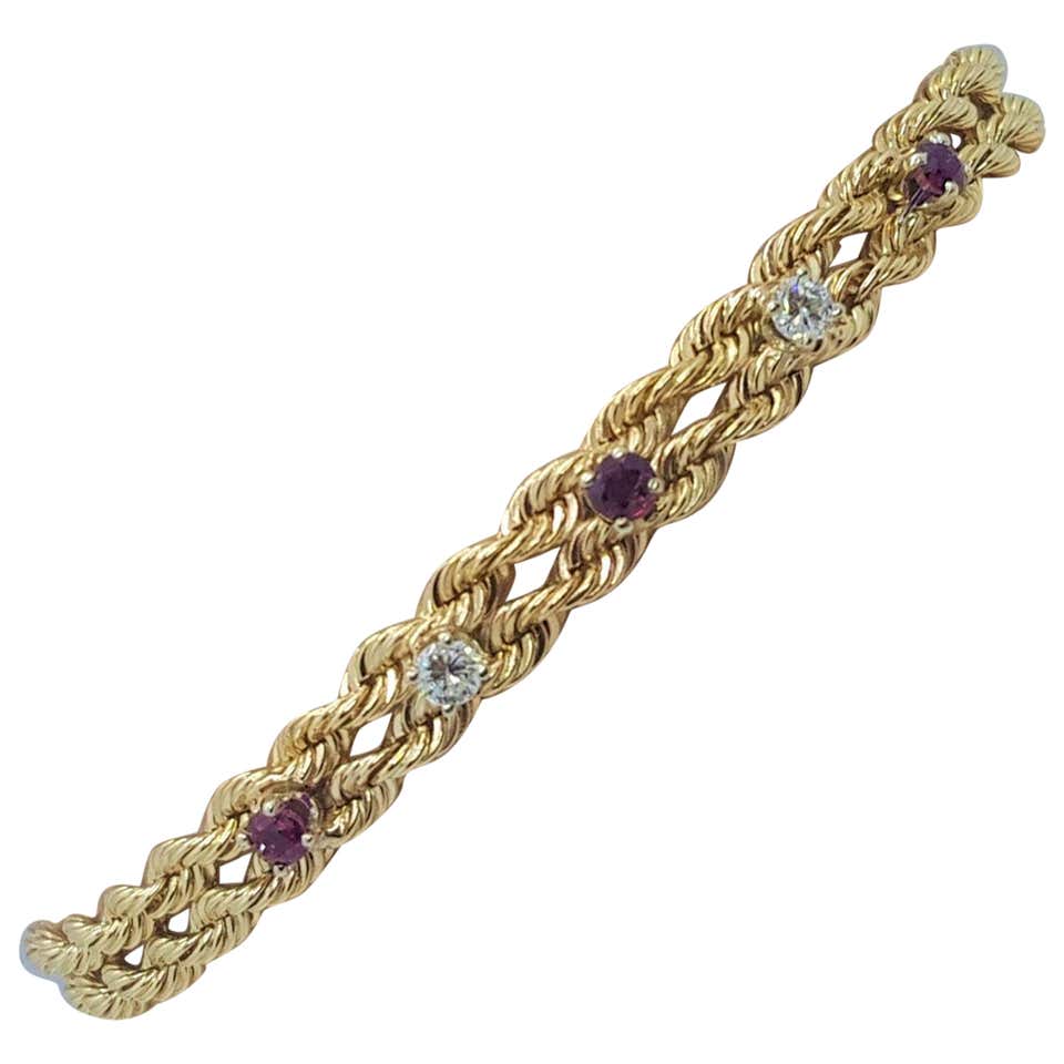 14 Karat Yellow Gold Ruby and Diamond Rope Bracelet, 17.3 Grams For ...